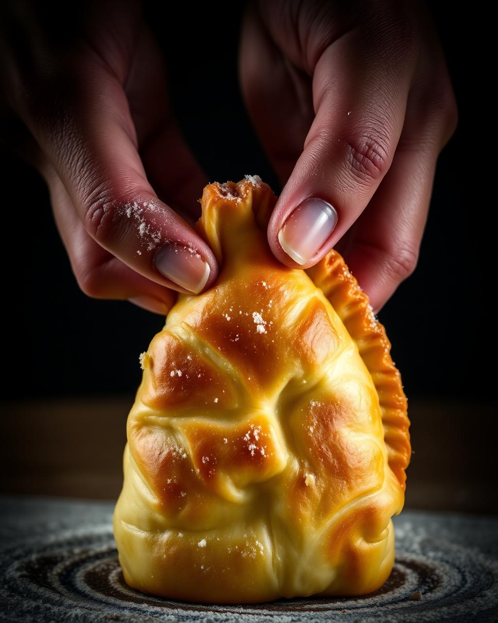 Thumb and finger pinching a golden pastizzi shut.