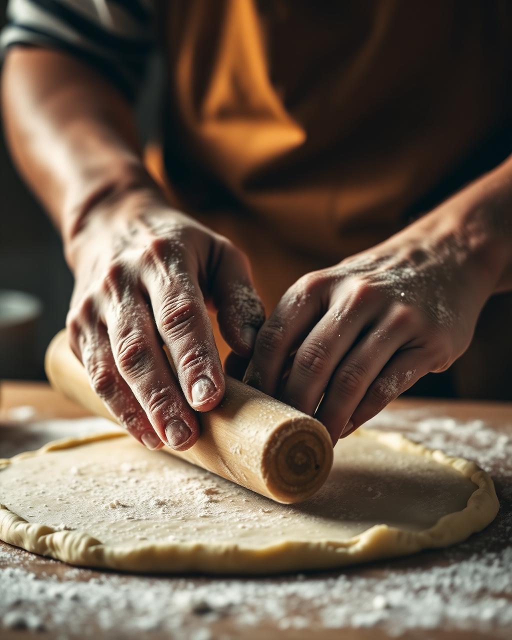 Flour-dusted hands rolling thin pastry dough.