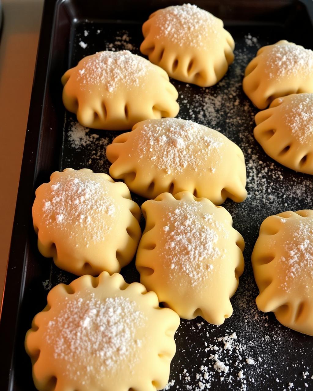 Tray of unbaked pastizzi lined up neatly.