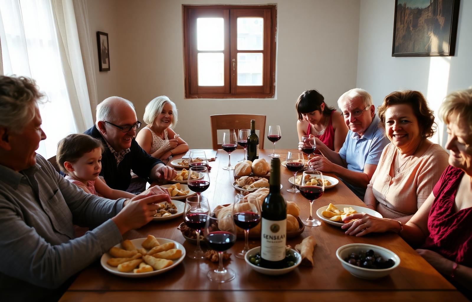 A Maltese family gathered around a long wooden table laden with pastizzi, bread and red wine.