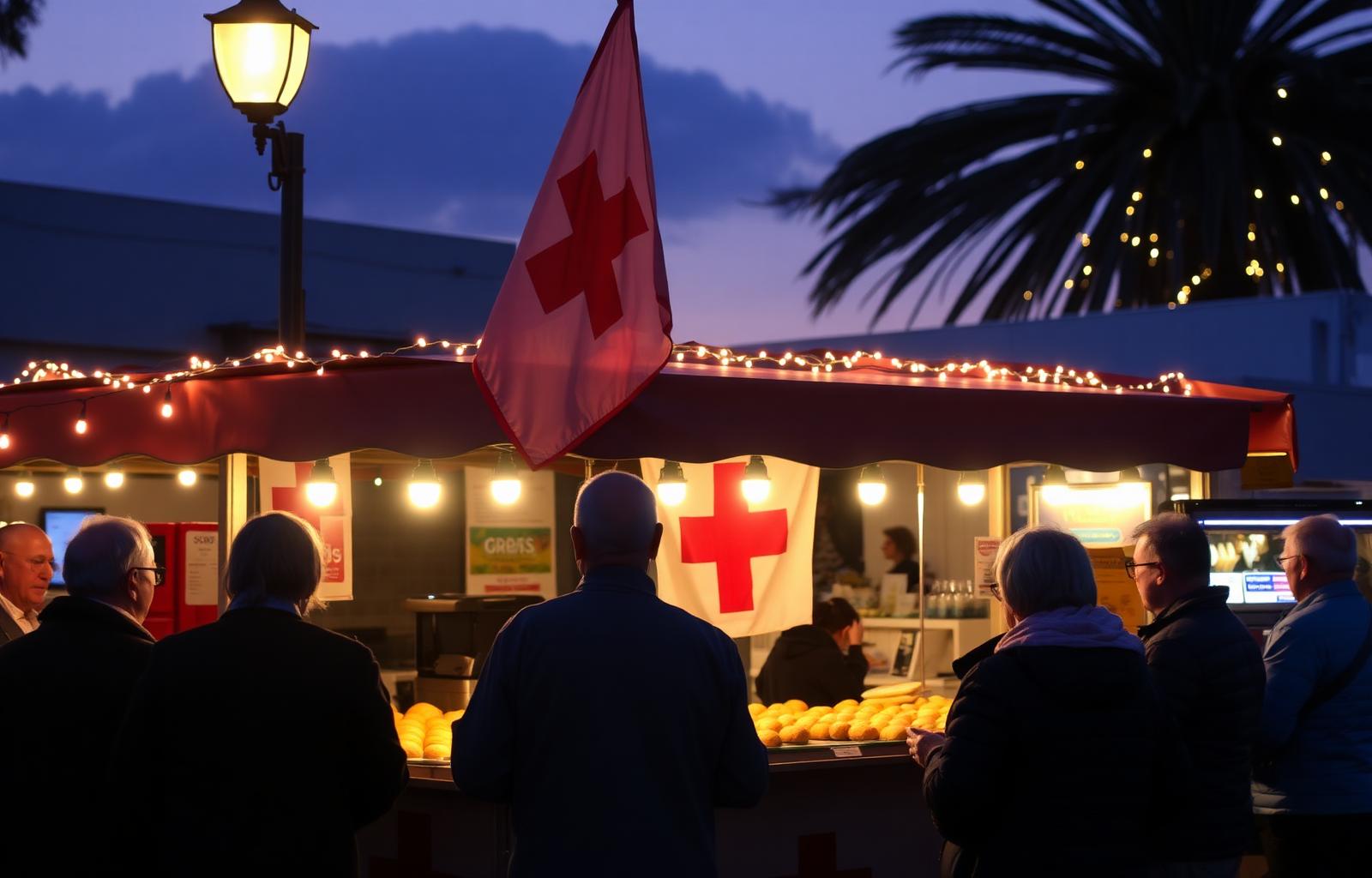 A market stall on the Sunshine Coast at dawn with fairy lights and a Maltese cross flag.