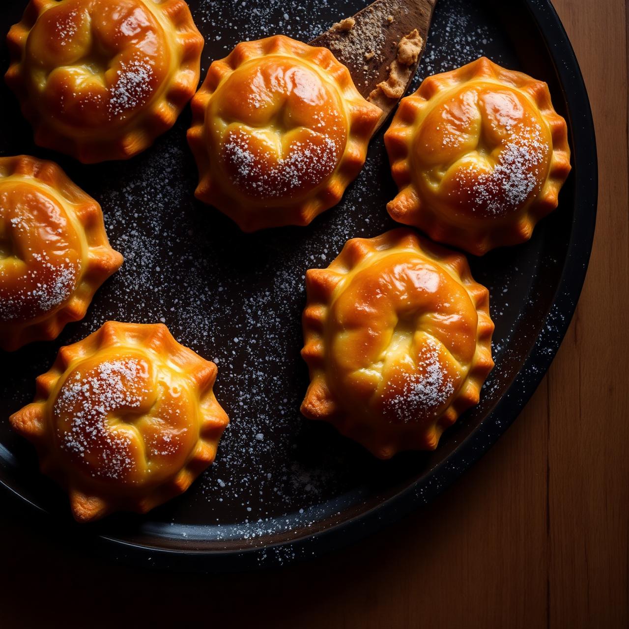 A tray of freshly baked golden pastizzi, glistening flaky layers, top-down view.